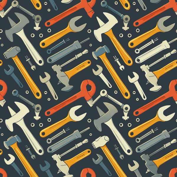 A pattern of various tools, including wrenches, hammers, and screwdrivers, arranged on a dark background.