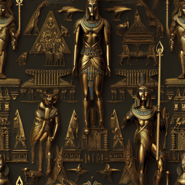 golden bronze, ancient egypt, pharaohs, egyptian gods, hieroglyphics, pyramids, sphinxes, metallic finish, ornate details, royal figures, archaeological motifs, antiquity theme, embossed appearance, cultural pattern,, fabric panel, historical design, luxury appearance, dimensional effect, ceremonial imagery