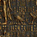golden bronze, deep blue, ancient egypt, hieroglyphics, pharaoh figures, winged birds, egyptian gods, metallic finish, ornate patterns,, fabric panel, mythological creatures, archaeological motifs, ancient symbols, carved relief style, luxurious appearance, historical theme, decorative birds, egyptian art, antiqued gold