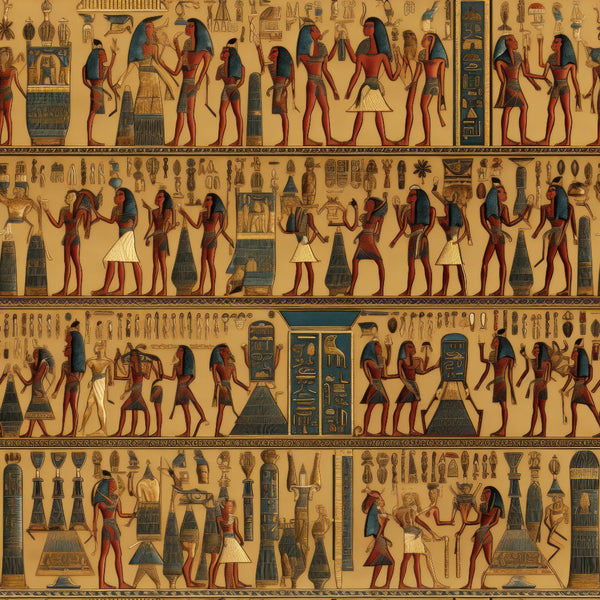 golden yellow, terracotta red, teal blue, hieroglyphics, egyptian figures, pharaohs, ancient deities, pyramids, ceremonial scenes, procession figures, papyrus style, mythological art,, fabric panel, historical motifs, repeating pattern, horizontal bands, cultural artwork, ancient civilization, decorative borders