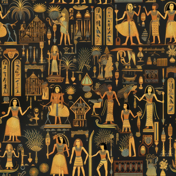 ancient egypt, egyptian motifs, pharaohs, hieroglyphics, golden yellow, amber, black background, pyramids, palm trees, egyptian figures, archaeological symbols,, fabric panel, historic patterns, cultural designs, egyptian art style, sphinx, temples, papyrus plants, ornate details