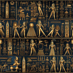 gold, bronze, black, ancient egypt, hieroglyphics, pharaohs, egyptian figures, pyramids, ankh symbols, deities, mythological, ornate patterns,, fabric panel, archaeological, cultural motifs, historical design, metallic finish, ceremonial scenes, ancient civilization