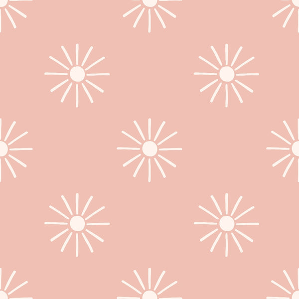 blush pink, coral pink, white, starburst pattern, sunburst design, geometric shapes, radiating lines, boho style, groovy pattern, retro design, 70s aesthetic,, fabric panel, repeating motif, mid-century modern, bohemian vibes, circular motifs, vintage inspired