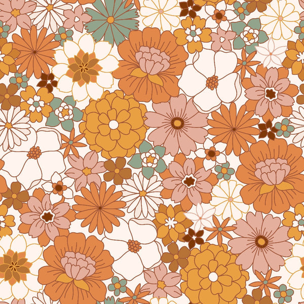 70s groovy, boho pattern,, fabric panel, floral design, retro flowers, orange blooms, pink blossoms, mustard yellow, sage green, cream white, brown accents, vintage florals, psychedelic style, bohemian aesthetic, overlapping flowers, daisy motifs, groovy vibes, retro craft fabric