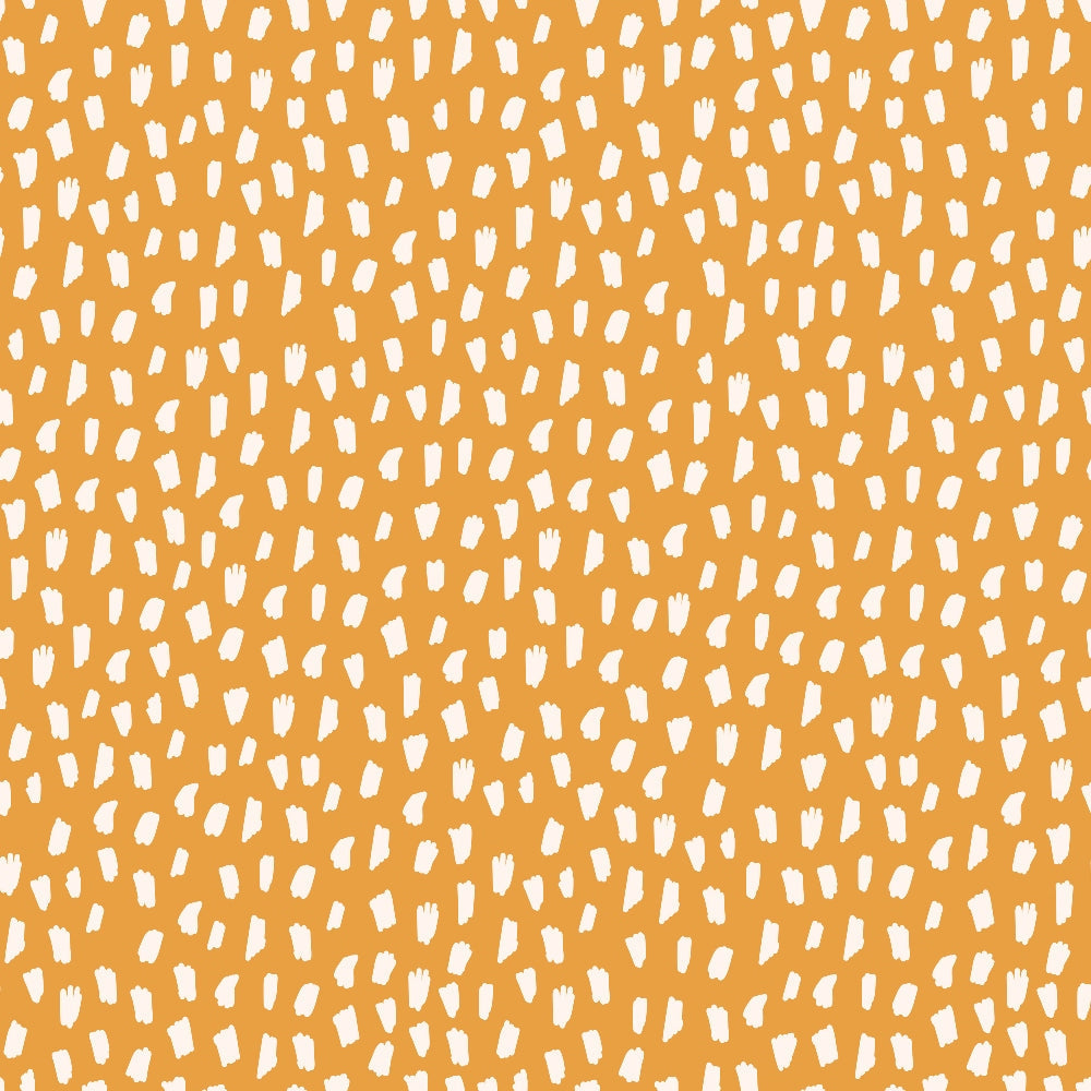 orange, white, brushstrokes, abstract dots, hand-painted marks, organic shapes, scattered pattern, boho style, groovy design, 70s retro,, fabric panel, artistic texture, painterly strokes, irregular dots, bohemian pattern, vintage inspired, earthy orange, creative design