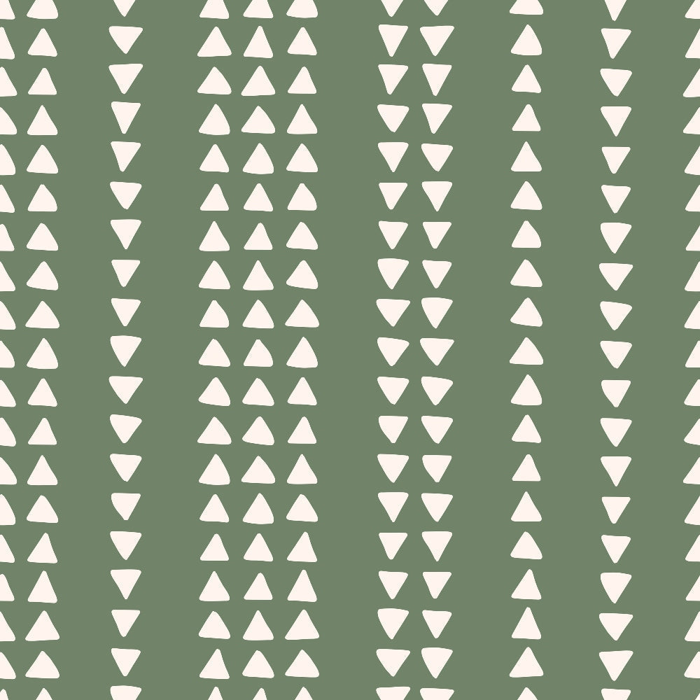 sage green, cream triangles, geometric pattern, vertical stripes, upward triangles, downward triangles, alternating rows, boho style, 70s retro, groovy design,, fabric panel, earthy tones, minimalist geometric, repetitive pattern, modern bohemian, triangle motifs, olive green background