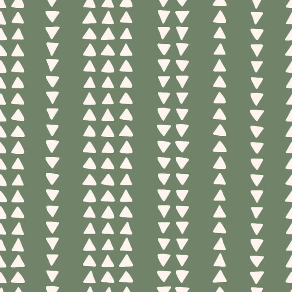 sage green, cream triangles, geometric pattern, vertical stripes, upward triangles, downward triangles, alternating rows, boho style, 70s retro, groovy design,, fabric panel, earthy tones, minimalist geometric, repetitive pattern, modern bohemian, triangle motifs, olive green background