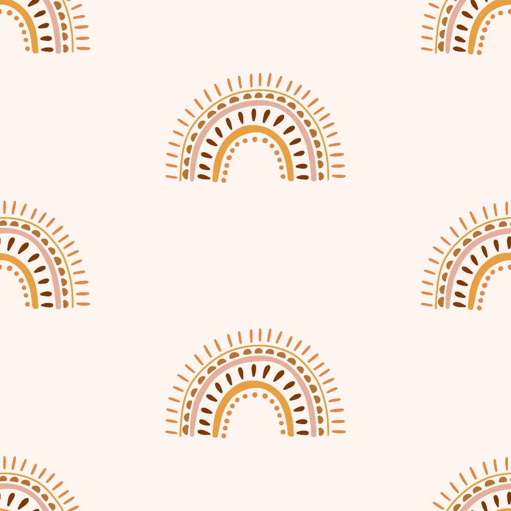 cream background, terracotta, burnt orange, brown, rainbow arcs, concentric circles, radiating lines, dots pattern, boho style, groovy design, 70s retro, geometric shapes, sun motifs, earthy tones,, fabric panel, bohemian aesthetic, vintage inspired, warm colors, repeating pattern