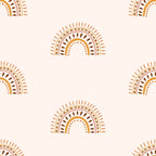 cream background, terracotta, burnt orange, brown, rainbow arcs, concentric circles, radiating lines, dots pattern, boho style, groovy design, 70s retro, geometric shapes, sun motifs, earthy tones,, fabric panel, bohemian aesthetic, vintage inspired, warm colors, repeating pattern
