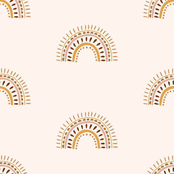 cream background, terracotta, burnt orange, brown, rainbow arcs, concentric circles, radiating lines, dots pattern, boho style, groovy design, 70s retro, geometric shapes, sun motifs, earthy tones,, fabric panel, bohemian aesthetic, vintage inspired, warm colors, repeating pattern