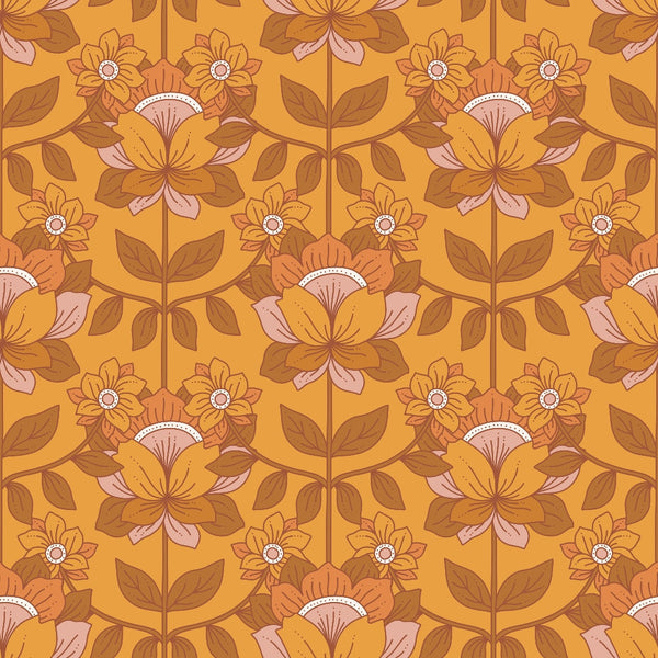 70s groovy, boho pattern, retro floral, orange background, brown flowers, pink petals, autumn colors, vintage botanical, psychedelic design, flower power,, fabric panel, geometric florals, earthy tones, mustard yellow, burnt orange, dusty pink, repeating motif, bohemian style, groovy aesthetic