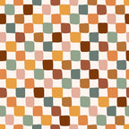 70s groovy, boho pattern,, fabric panel, geometric squares, rounded squares, earthy tones, sage green, burnt orange, terracotta, mustard yellow, dusty pink, chocolate brown, retro style, vintage pattern, bohemian design, warm colors, abstract geometric, mod design, checkerboard variation