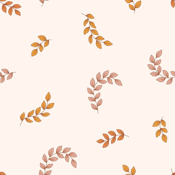 cream background, orange leaves, pink leaves, botanical pattern, leaf branches, autumn colors, boho style, 70s design, groovy pattern,, fabric panel, scattered motifs, nature inspired, retro aesthetic, warm tones, organic shapes, flowing branches, minimalist floral, vintage vibes