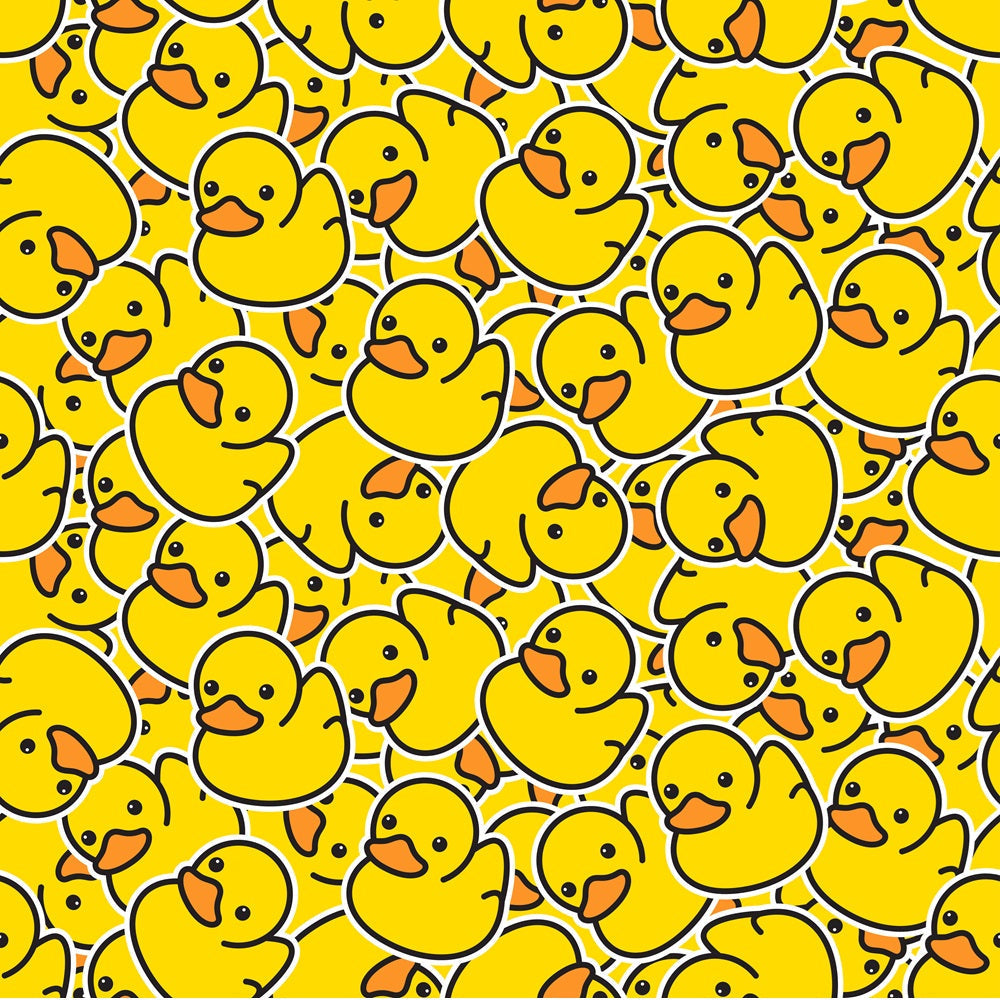 Allover Rubber Ducks fleece fabric with cheerful yellow and orange rubber ducks on a bright yellow ground