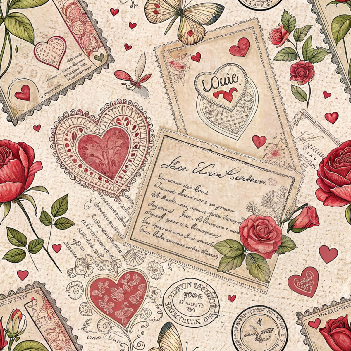 Antique Valentine Postcards Pattern 1 Fleece Fabric