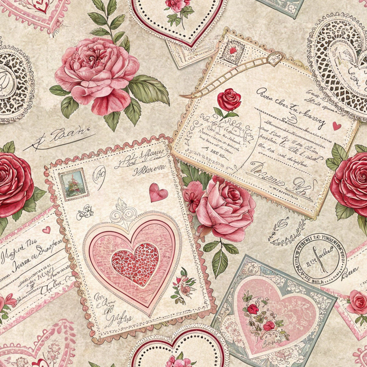 Antique Valentine Postcards Pattern 10 Fleece Fabric