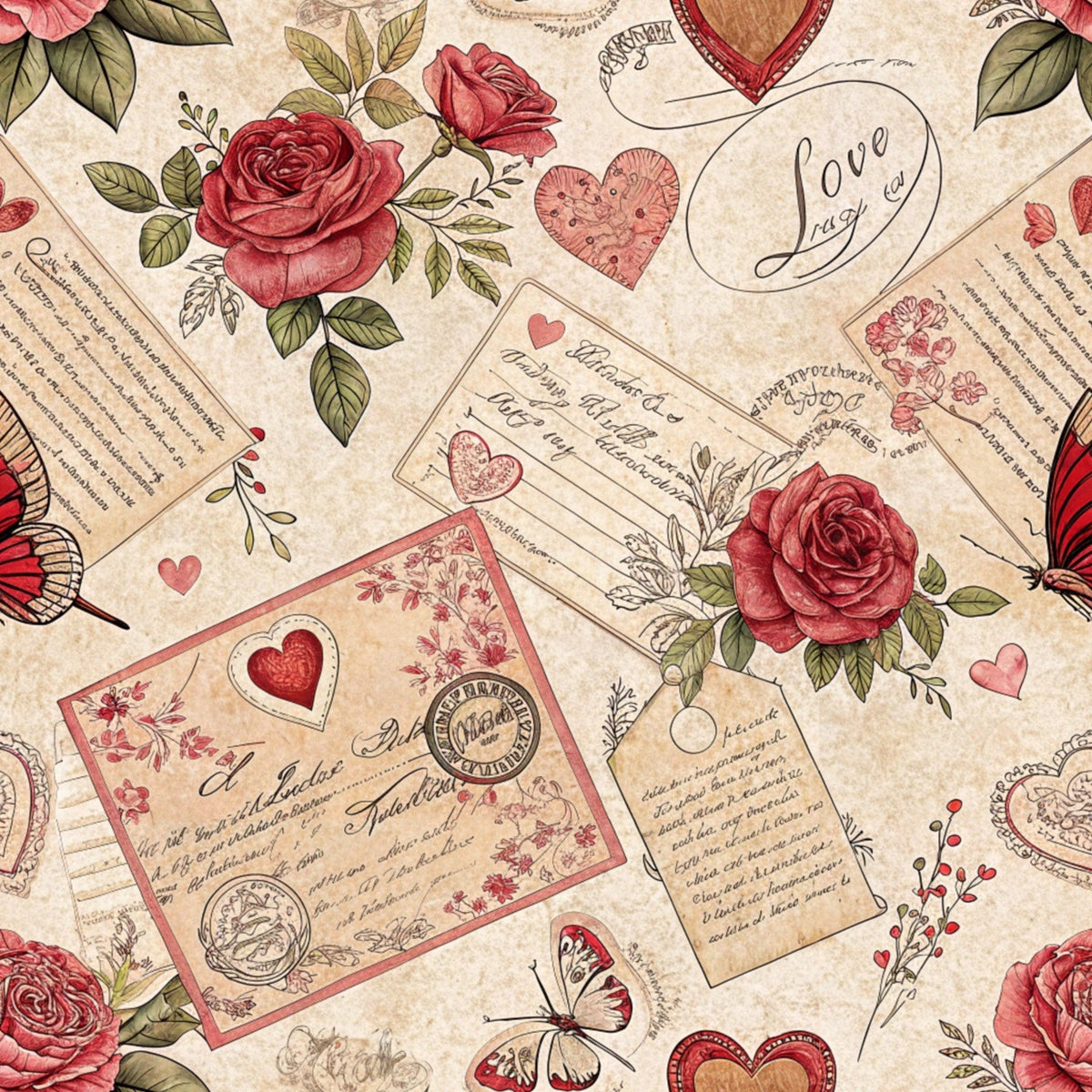 Antique Valentine Postcards Pattern 2 Fleece Fabric