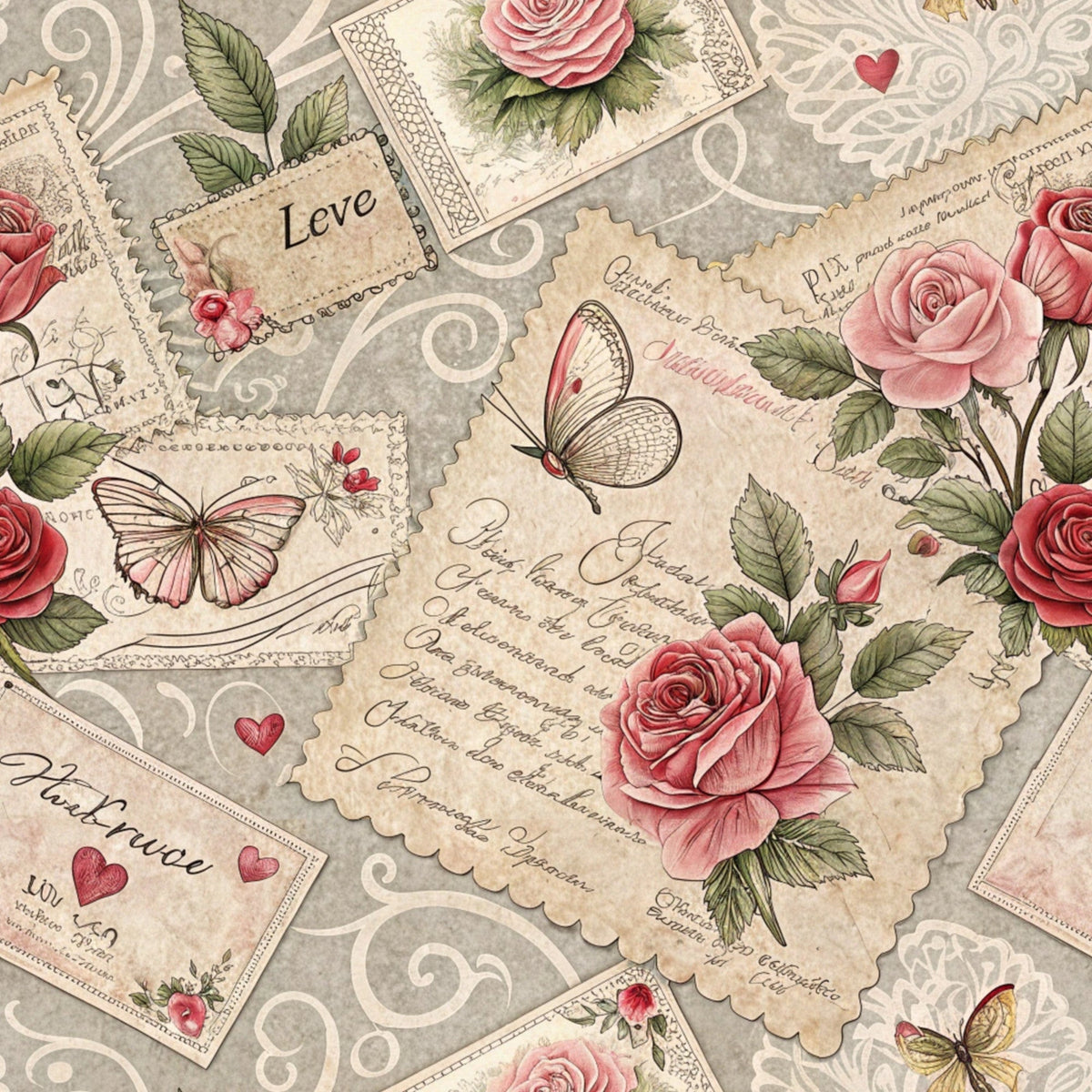 Antique Valentine Postcards Pattern 5 Fleece Fabric