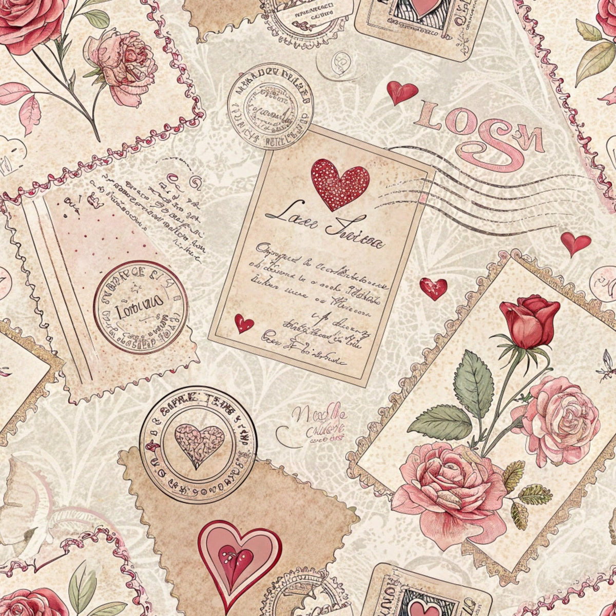 Antique Valentine Postcards Pattern 6 Fleece Fabric