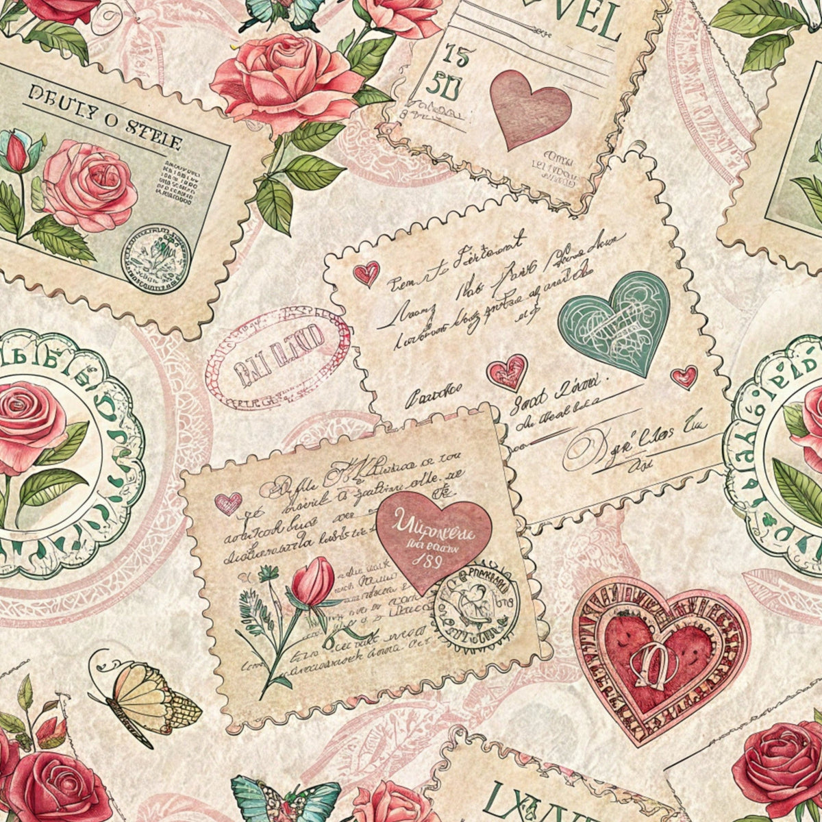 Antique Valentine Postcards Pattern 8 Fleece Fabric