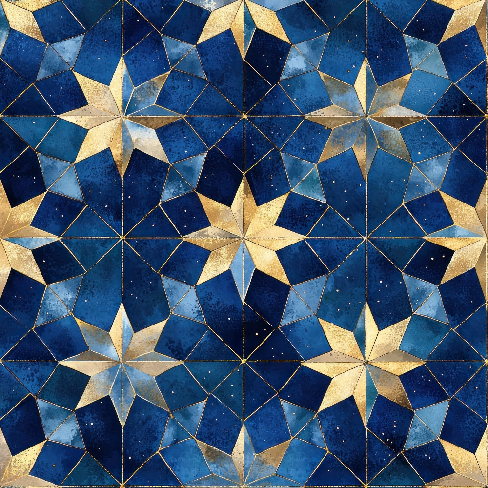 Moonlit Cathedral Pattern 3 deep blue stained-glass geometry with gold starbursts on fleece fabric