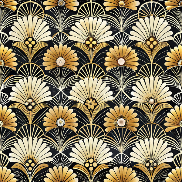 art deco, floral pattern, geometric flowers, black background, gold petals, cream colored, fan shapes, radiating design, stylized blooms,, fabric panel, vintage style, 1920s inspired, decorative motifs, repetitive pattern, luxurious feel, elegant design, botanical elements, sunburst pattern, ornamental flowers