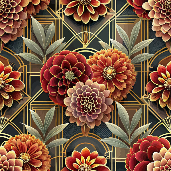 art deco, floral pattern, geometric lines, burgundy flowers, orange blooms, gold accents, sage green leaves, dark background, dahlia flowers,, fabric panel, vintage style, elegant florals, warm tones, repeating pattern, botanical design, luxurious feel, autumn colors, decorative motifs