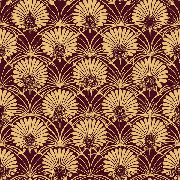 burgundy, gold, cream, art deco, floral pattern, stylized flowers, geometric design, repeating motif, vintage style,, fabric panel, elegant, sophisticated, retro, daisy flowers, ornamental, decorative pattern, rich colors, luxurious