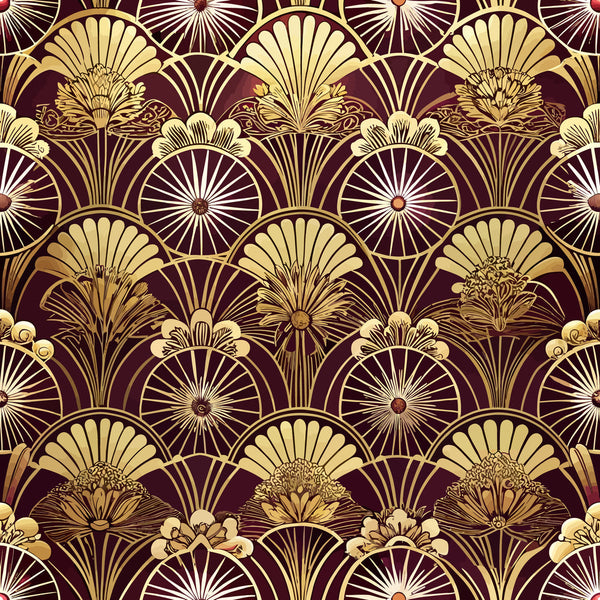 burgundy, gold, cream, art deco, fan motifs, scalloped pattern, geometric florals, radiating lines, ornate details, vintage style, repeating design, luxurious, elegant,, fabric panel, floral elements, decorative arches, symmetrical pattern, rich colors, stylized flowers