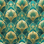 emerald green, gold, cream, art deco, floral pattern, fan motifs, geometric florals, stylized leaves, peacock feathers, ornate design, 1920s style, elegant motifs,, fabric panel, sophisticated pattern, decorative elements, vintage inspired, luxurious appearance, repeating pattern