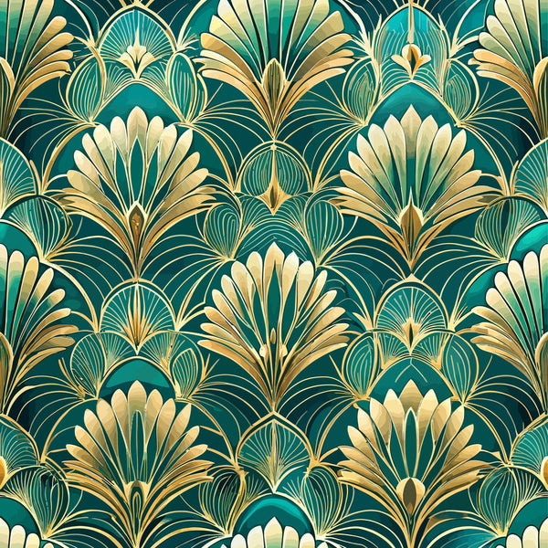 emerald green, gold, cream, art deco, floral pattern, fan motifs, geometric florals, stylized leaves, peacock feathers, ornate design, 1920s style, elegant motifs,, fabric panel, sophisticated pattern, decorative elements, vintage inspired, luxurious appearance, repeating pattern