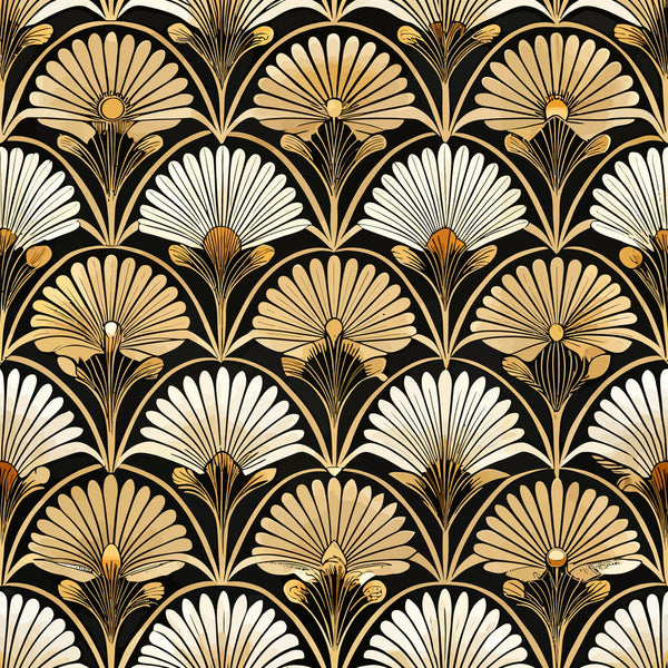 art deco, geometric florals, fan motifs, shell patterns, black background, gold accents, cream colored, beige tones, repeating pattern, stylized flowers, vintage style,, fabric panel, 1920s inspired, radiating design, scalloped edges, luxurious appearance, ornate details, symmetrical layout