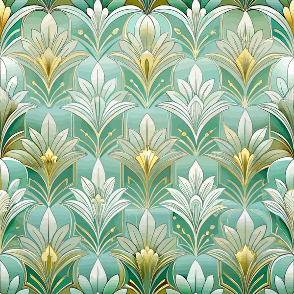 art deco, floral pattern, sage green, mint green, gold accents, white flowers, geometric florals, stylized blooms, repeating motifs,, fabric panel, vintage inspired, elegant design, fan shapes, ornamental leaves, sophisticated palette, decorative motifs, botanical elements, seamless pattern, craft fabric