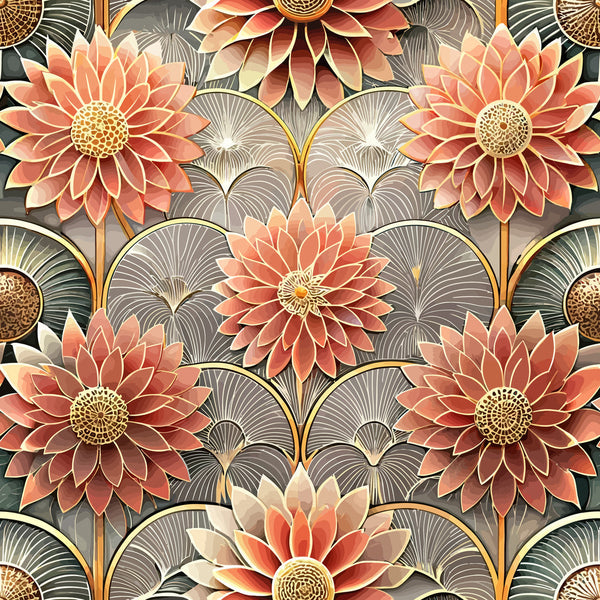 coral flowers, peach blooms, gold centers, art deco, geometric petals, stylized florals, fan motifs,, fabric panel, ornate design, layered petals, radial pattern, decorative flowers, sophisticated palette, repeating motif, dimensional blooms, elegant florals, vintage inspired, warm tones, intricate details