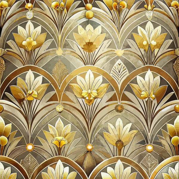 art deco, florals, geometric pattern, gold, amber, bronze, cream, beige, stylized flowers, fan motifs, scalloped arches, repeating design, vintage style, luxurious, elegant,, fabric panel, 1920s inspired, ornamental, decorative motifs