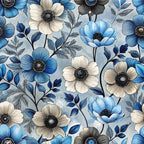 art nouveau, anemone flowers, botanical pattern, blue flowers, cream flowers, gray flowers, black centers, flowing stems, organic design,, fabric panel, floral motif, nature inspired, soft pastels, decorative blooms, stylized petals, graceful curves, vintage style, romantic florals