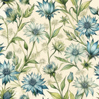 blue flowers, chicory blossoms, botanical pattern, art nouveau style, cream background, sage green leaves, watercolor effect, floral design,, fabric panel, nature motif, delicate petals, flowing stems, organic shapes, vintage botanical, soft blues, muted greens, repeating pattern, wildflowers, natural elements