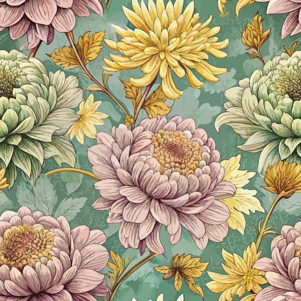 sage green, dusty pink, golden yellow, cream white, chrysanthemums, floral pattern, art nouveau style, botanical design, vintage flowers, ornate blooms,, fabric panel, decorative petals, flowing stems, elegant florals, muted pastels, repeating pattern, textile design, sophisticated motifs