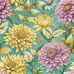 teal background, purple chrysanthemums, yellow flowers, golden blooms, art nouveau style, floral pattern, botanical design,, fabric panel, vintage inspired, layered petals, decorative leaves, turquoise base, lavender blooms, ornate florals, repeating motif, detailed petals, elegant design, cottage core