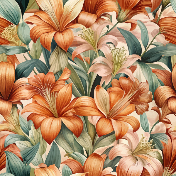 orange flowers, coral petals, sage green leaves, cream background, botanical pattern, lily blooms, floral design, art nouveau style,, fabric panel, tropical flowers, peach tones, nature motif, elegant florals, seamless repeat, garden blooms, artistic rendering, soft pastels, decorative pattern