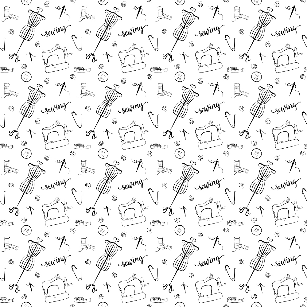 black and white, sewing themed,, fabric panel, sewing machine, scissors, thread spools, buttons, safety pins, measuring tape, craft supplies, monochrome, line art, sketched style, repetitive pattern, seamstress tools, needlework motifs, handwritten text, crafting design, cotton fabric