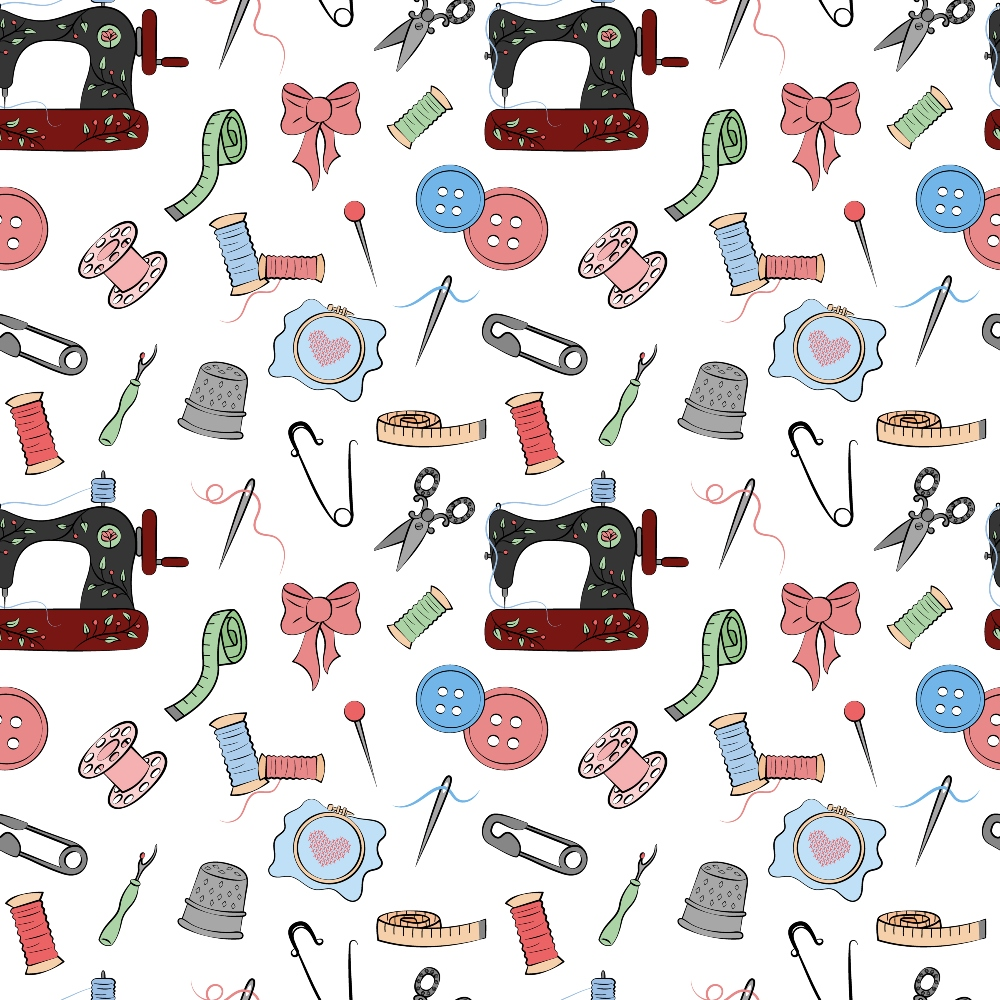 sewing tools,, fabric panel, repeating pattern, sewing machine, scissors, buttons, thread spools, thimble, safety pins, measuring tape, seam ripper, pink bow, blue buttons, red thread, green tape measure, craft supplies, sewing notions, white background, colorful accents