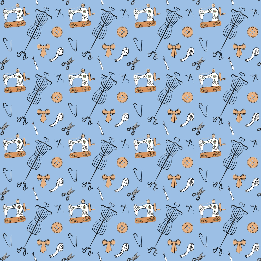 light blue background, sewing machine, yarn ball, scissors, safety pins, buttons, bow ties, measuring tape, sewing tools, craft supplies,, fabric panel, repeating pattern, vintage sewing, crafting theme, pastel colors, orange accents, white details, seamstress pattern, hobby fabric