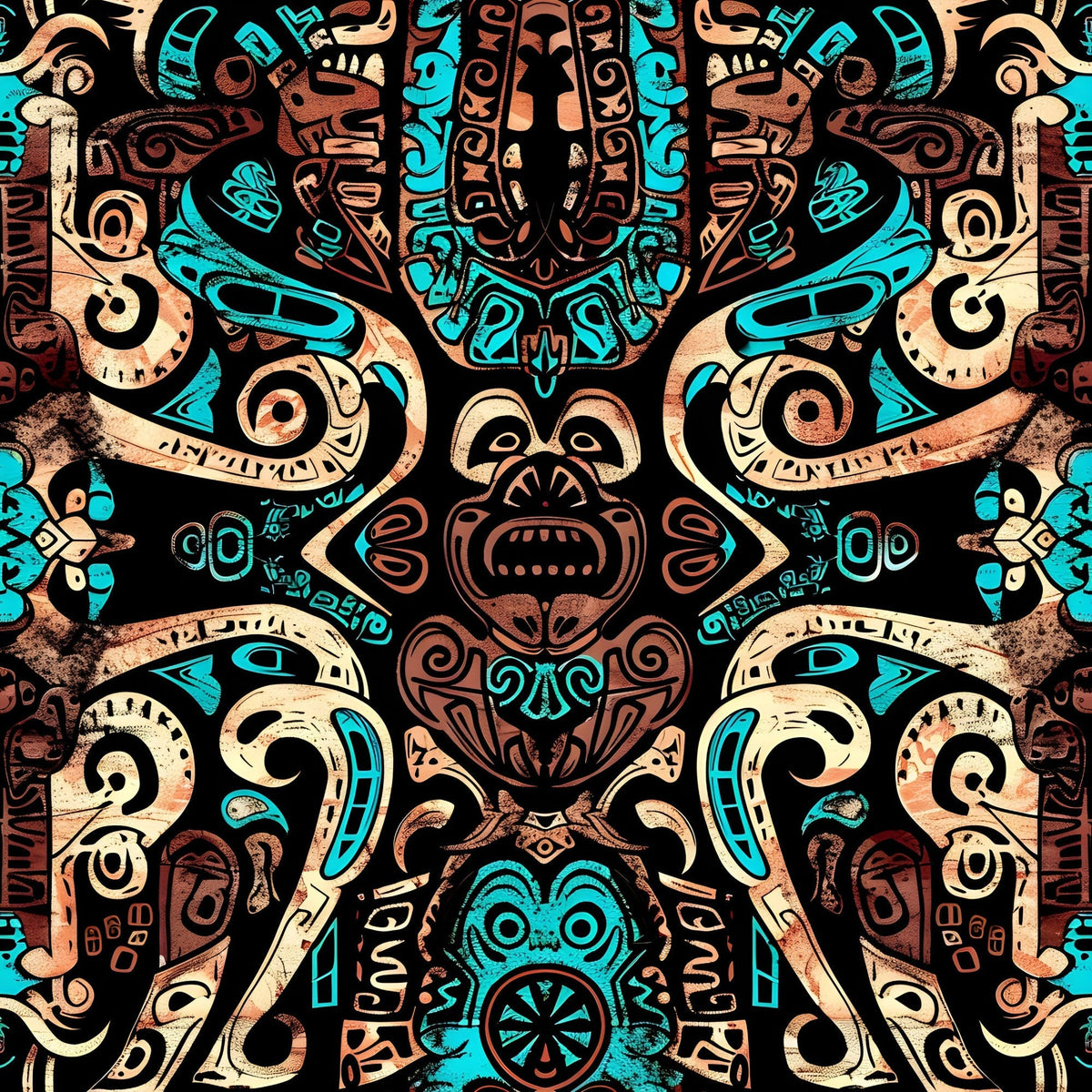 Teal Totem Pattern 5 Fleece Fabric