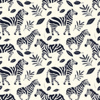 navy blue, cream, zebra pattern, safari animals, tropical leaves, botanical elements, repeating pattern,, fabric panel, baby nursery, african wildlife, striped animals, jungle theme, monochrome design, animal silhouettes, nature motifs, children's fabric, safari adventure, foliage pattern, wildlife print