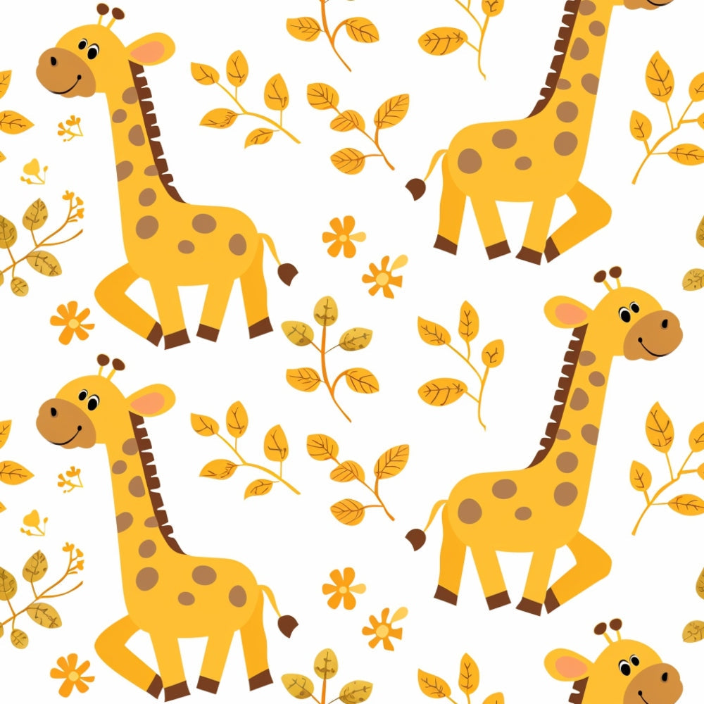 yellow, orange, brown, white, giraffes, safari animals, baby animals, leaves, flowers, botanical elements, repeating pattern, cartoon style, cheerful, playful, nursery theme,, fabric panel, children's fabric, cute animals, whimsical design