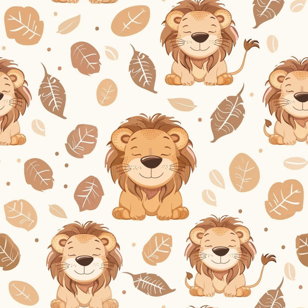 baby lions, safari animals, beige background, brown leaves, golden yellow, cream colors, cute cartoon style, peaceful expression, closed eyes, smiling faces, leaf pattern,, fabric panel, nursery theme, african wildlife, baby animals, soft pastels, whimsical design, children's fabric, nature motifs