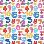 back to school, numbers, math symbols, addition signs, subtraction signs, multiplication signs, division signs, colorful digits, educational pattern, bright colors, red numbers, blue numbers, yellow numbers, purple numbers, green symbols, pink circles, orange numerals,, fabric panel, classroom theme, learning motifs, mathematical elements, school supplies pattern, primary colors, children's fabric