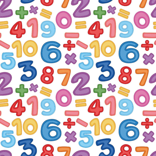 back to school, numbers, math symbols, addition signs, subtraction signs, multiplication signs, division signs, colorful digits, educational pattern, bright colors, red numbers, blue numbers, yellow numbers, purple numbers, green symbols, pink circles, orange numerals,, fabric panel, classroom theme, learning motifs, mathematical elements, school supplies pattern, primary colors, children's fabric