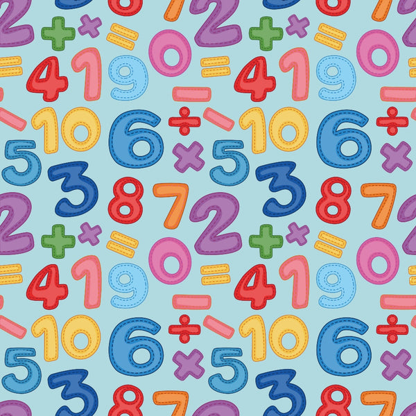 numbers, math symbols, addition signs, multiplication signs, division signs, bright colors, red, blue, yellow, pink, purple, orange, green, educational theme, school pattern, mathematics, arithmetic, playful design, repeating pattern,, fabric panel, children's fabric, learning motifs, colorful numbers, back to school